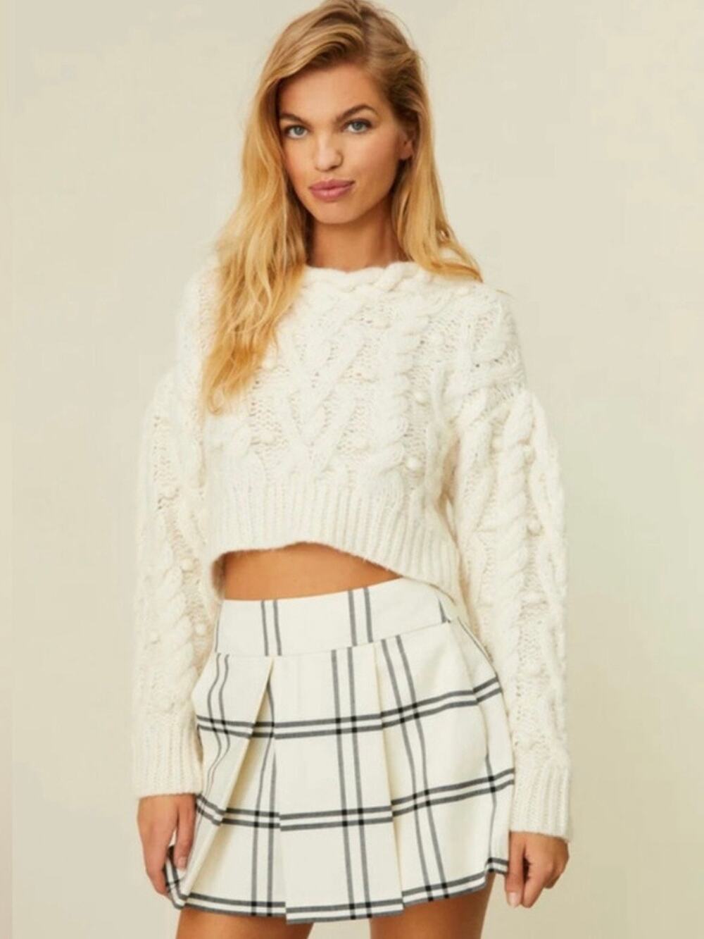 LoveShackFancy Galiona Cropped Sweater Pom-Pom Chunky Cable Knit Alpaca Blend